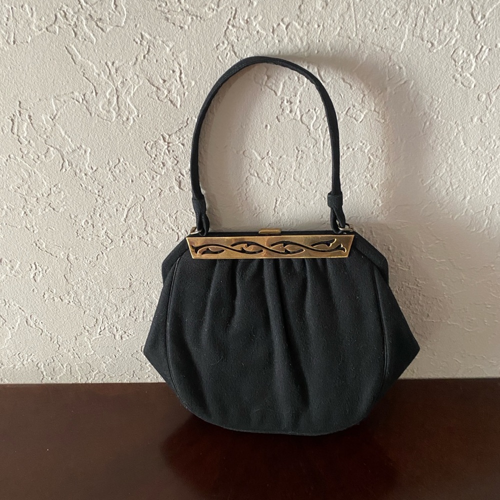 Vintage 1950s Lewis Black Wool Felt Cocktail Evening Bag Crown Filigree Clasp